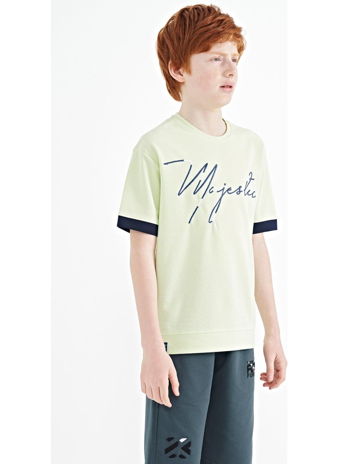 Light Green Front Embroidered O Neck Oversize Boy T-Shirt - 11147