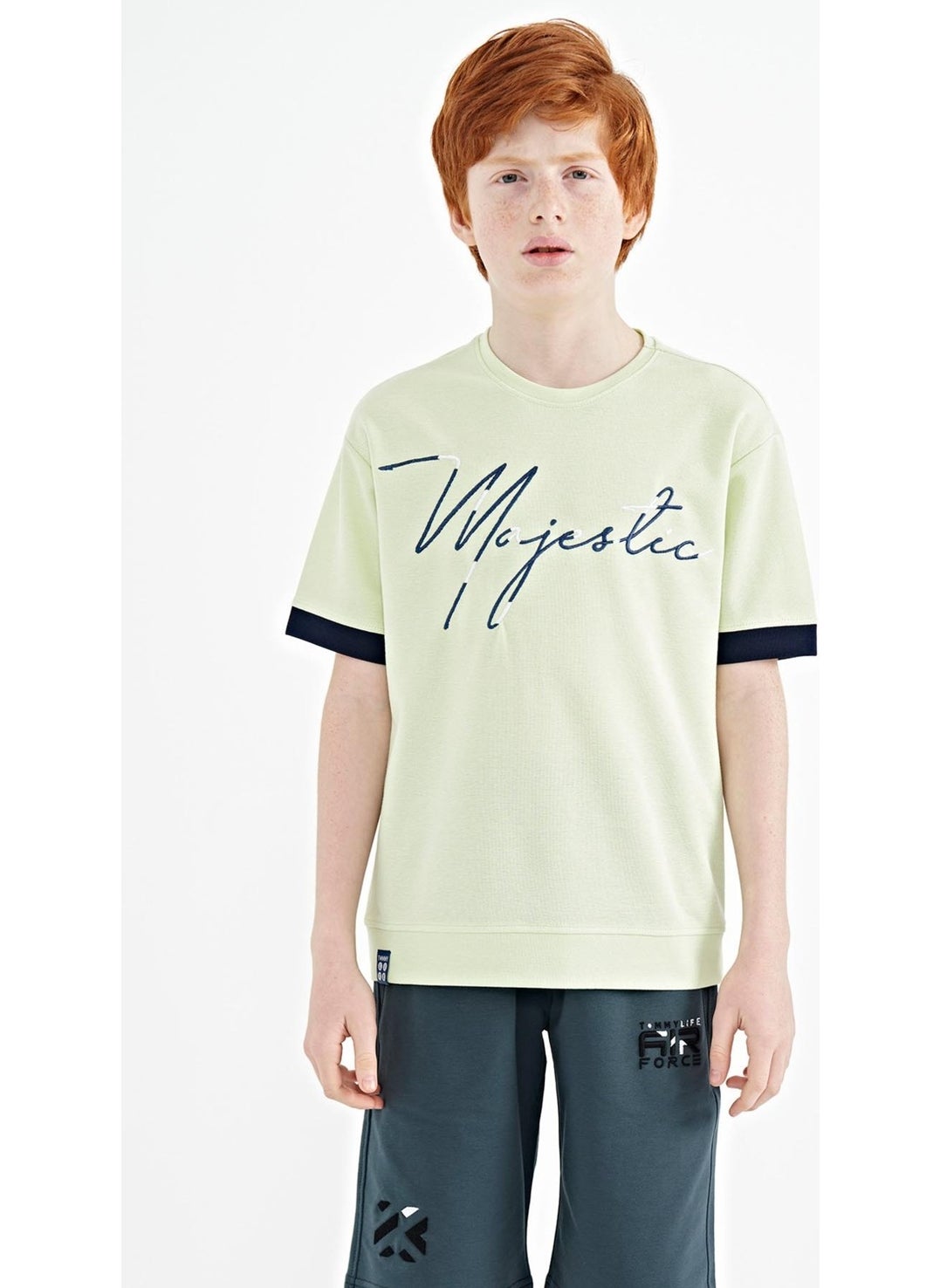 Light Green Front Embroidered O Neck Oversize Boy T-Shirt - 11147