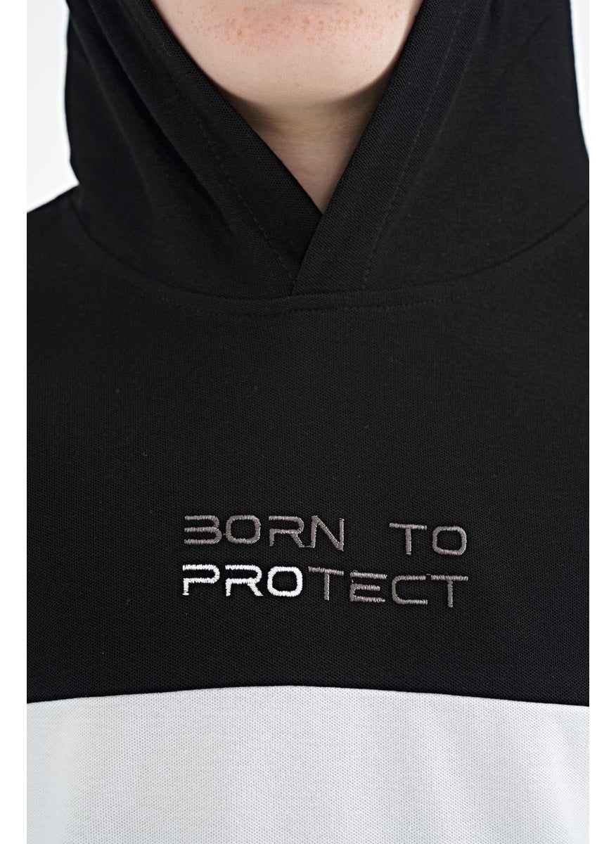 Black Color Block Kangaroo Pocket Hooded Oversize Boy T-Shirt - 11150