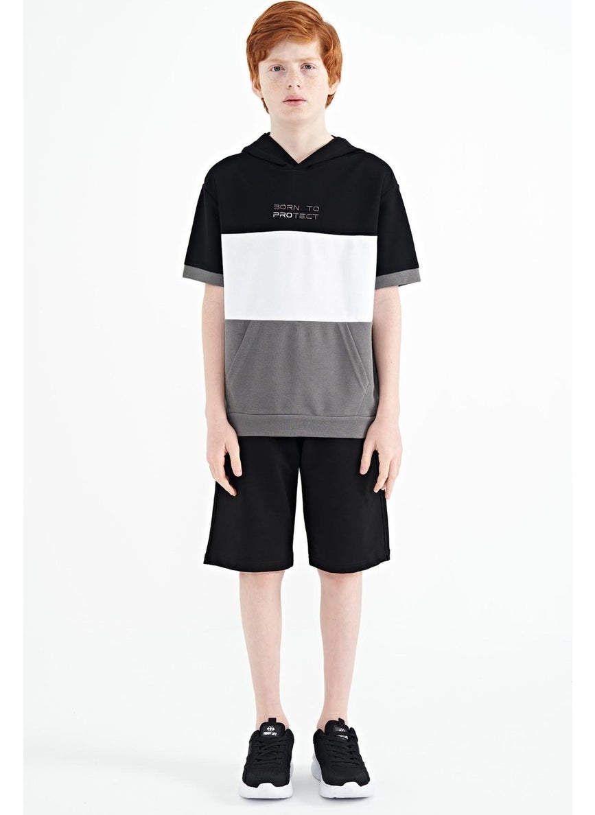 Black Color Block Kangaroo Pocket Hooded Oversize Boy T-Shirt - 11150