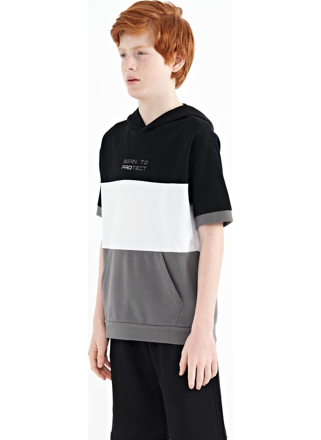 Black Color Block Kangaroo Pocket Hooded Oversize Boy T-Shirt - 11150