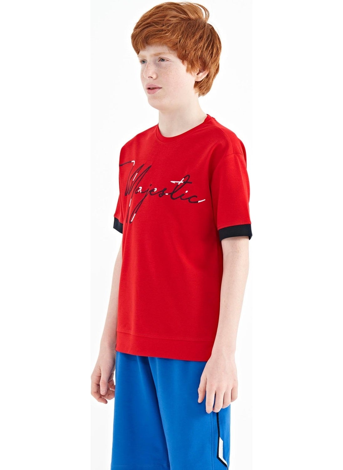 Red Front Embroidered O Neck Oversize Boy T-Shirt - 11147