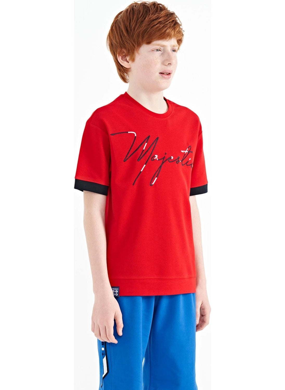 Red Front Embroidered O Neck Oversize Boy T-Shirt - 11147