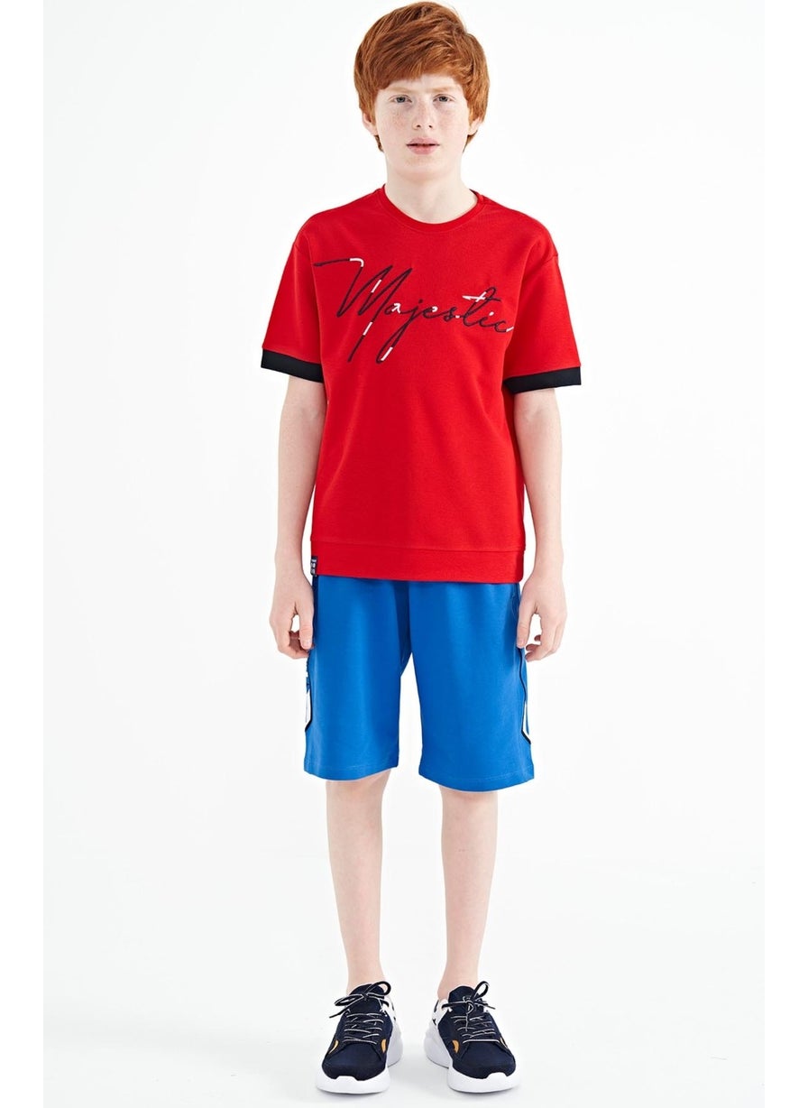 Red Front Embroidered O Neck Oversize Boy T-Shirt - 11147