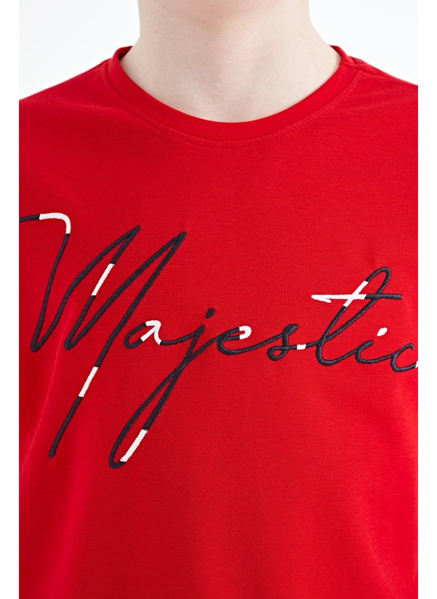 Red Front Embroidered O Neck Oversize Boy T-Shirt - 11147