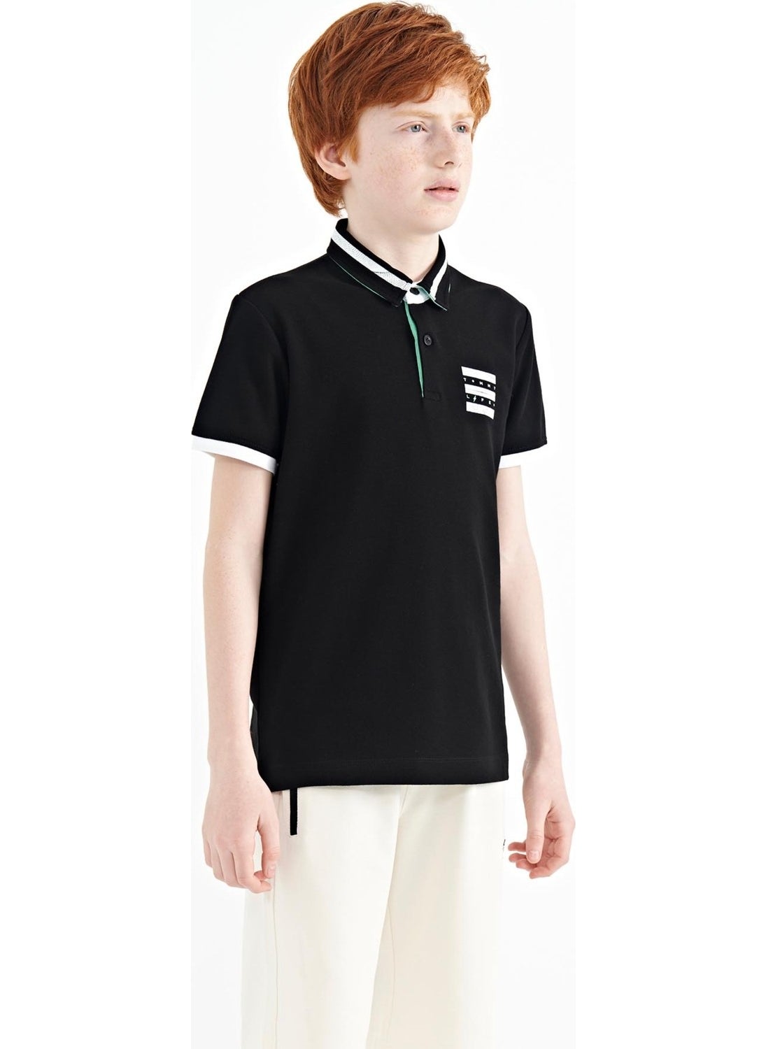 Black Collar Color Block Print Detailed Standard Size Boy T-Shirt - 11111