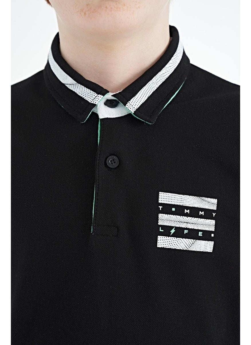 Black Collar Color Block Print Detailed Standard Size Boy T-Shirt - 11111