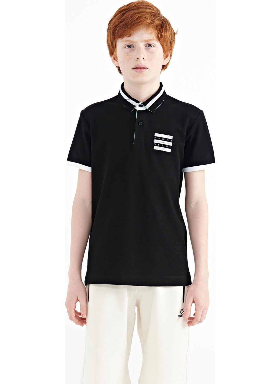 Black Collar Color Block Print Detailed Standard Size Boy T-Shirt - 11111