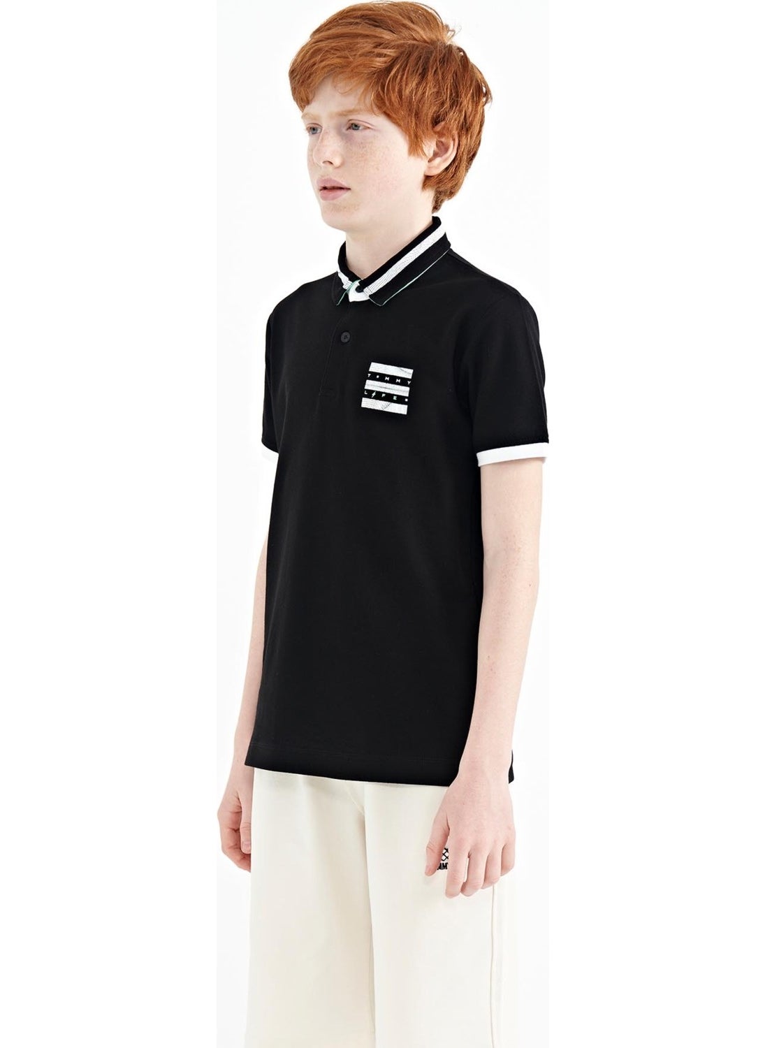 Black Collar Color Block Print Detailed Standard Size Boy T-Shirt - 11111