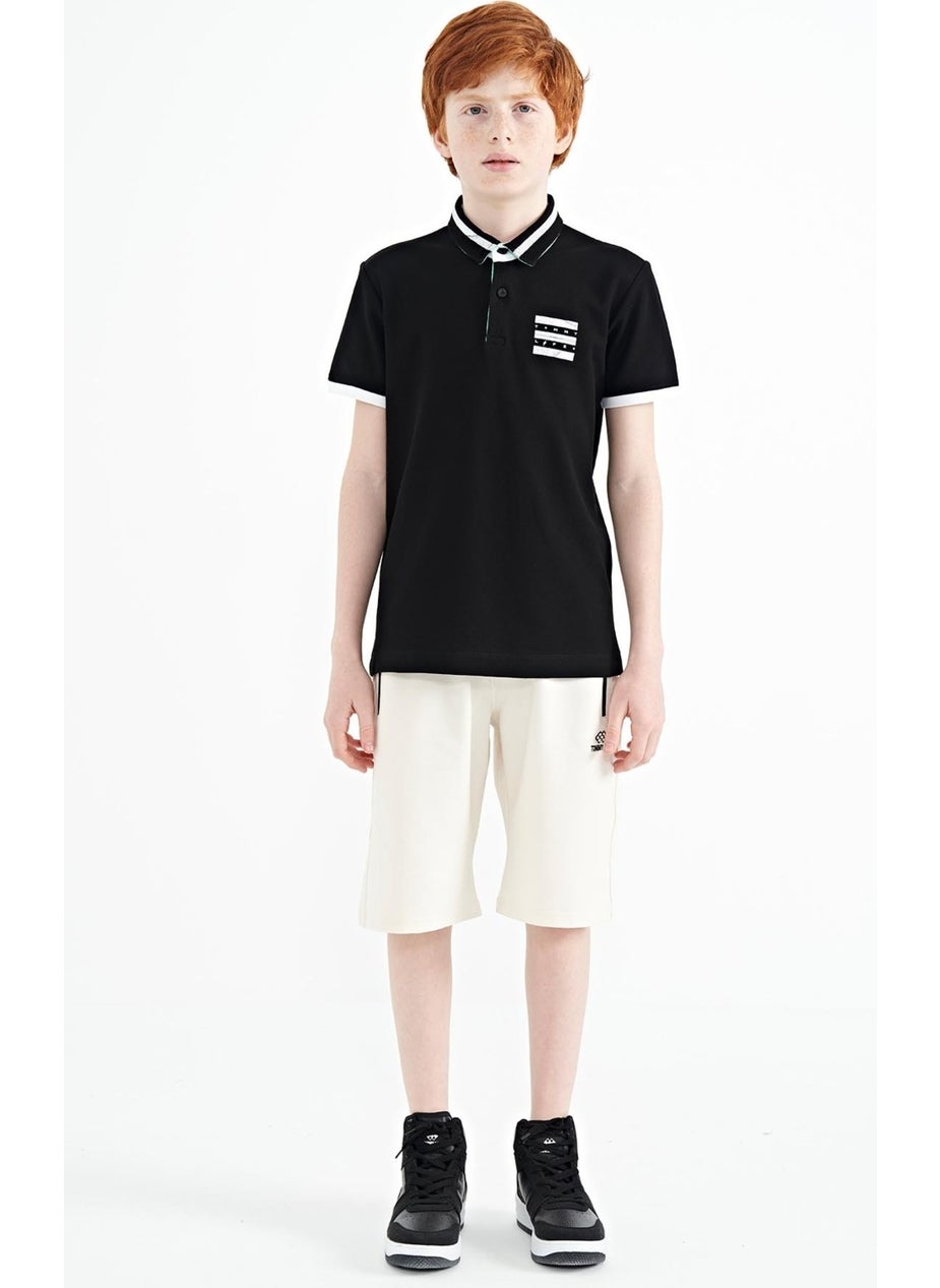 Black Collar Color Block Print Detailed Standard Size Boy T-Shirt - 11111