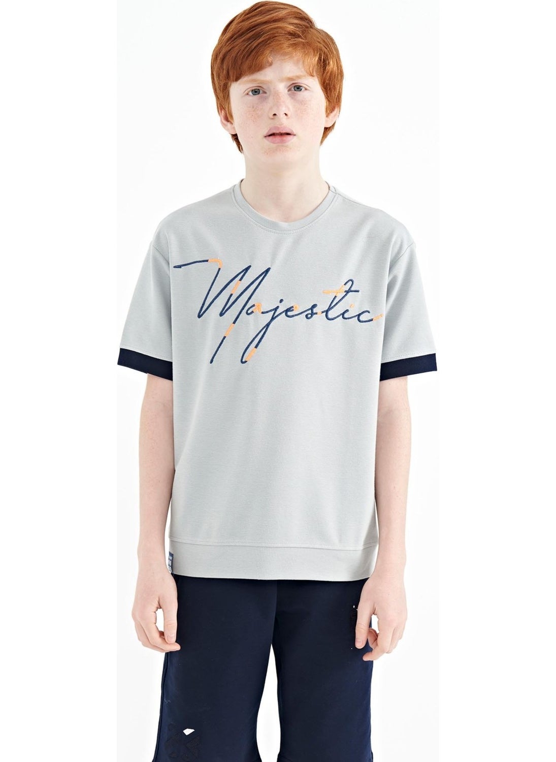 Gray Melange Front Embroidered O Neck Oversize Boy T-Shirt - 11147