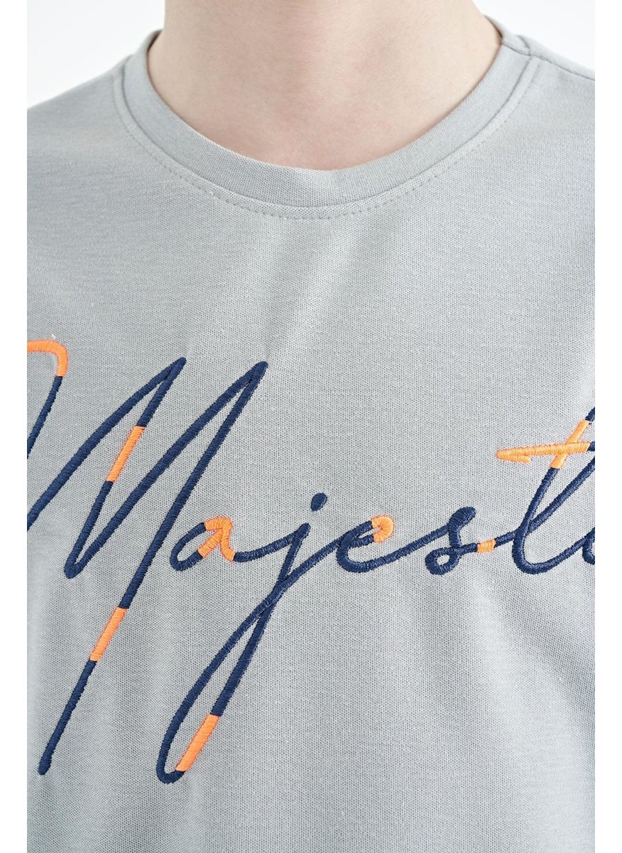 Gray Melange Front Embroidered O Neck Oversize Boy T-Shirt - 11147