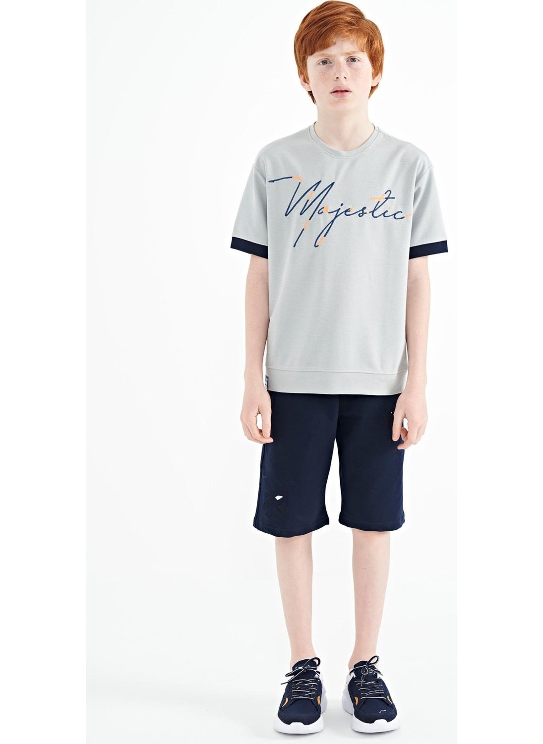 Gray Melange Front Embroidered O Neck Oversize Boy T-Shirt - 11147