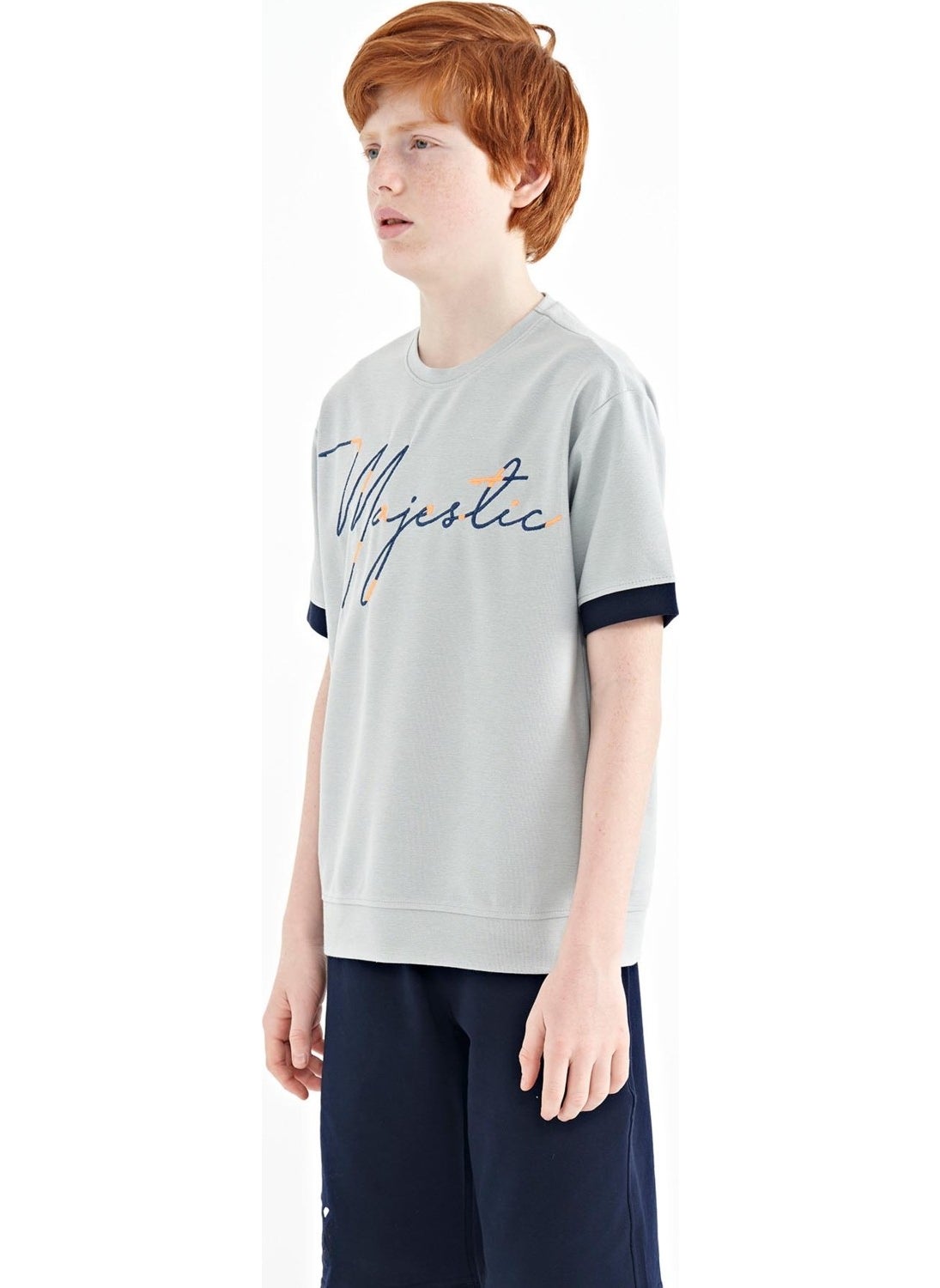 Gray Melange Front Embroidered O Neck Oversize Boy T-Shirt - 11147