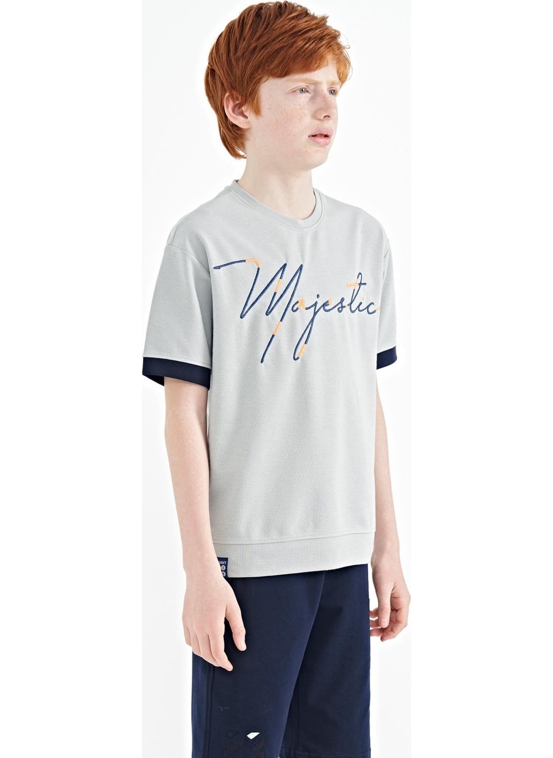 Gray Melange Front Embroidered O Neck Oversize Boy T-Shirt - 11147
