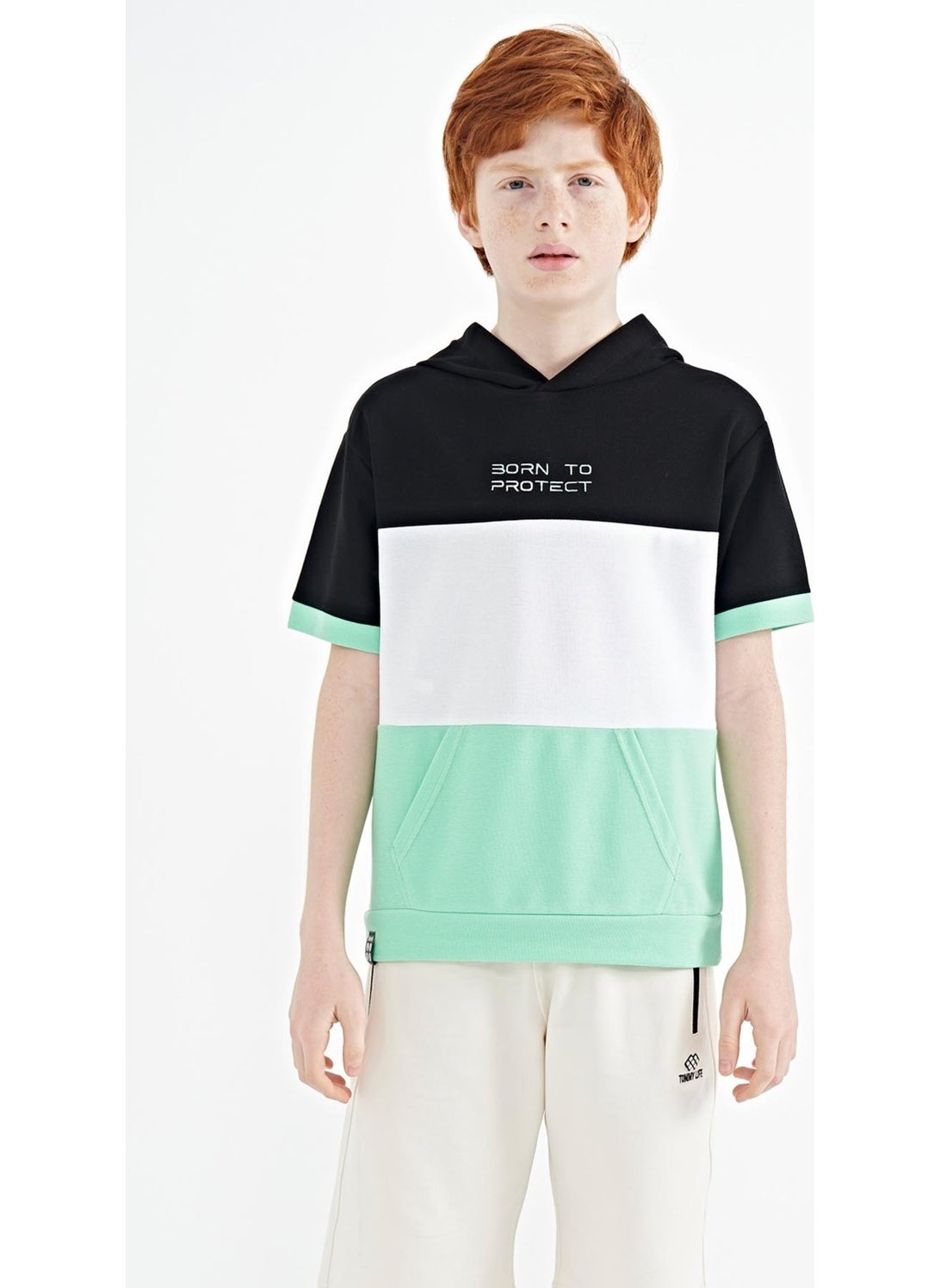 Aqua Green Color Block Kangaroo Pocket Hooded Oversize Boy T-Shirt - 11150