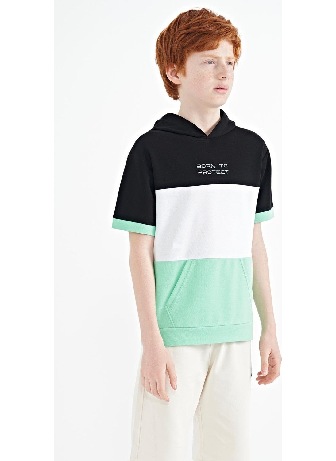 Aqua Green Color Block Kangaroo Pocket Hooded Oversize Boy T-Shirt - 11150