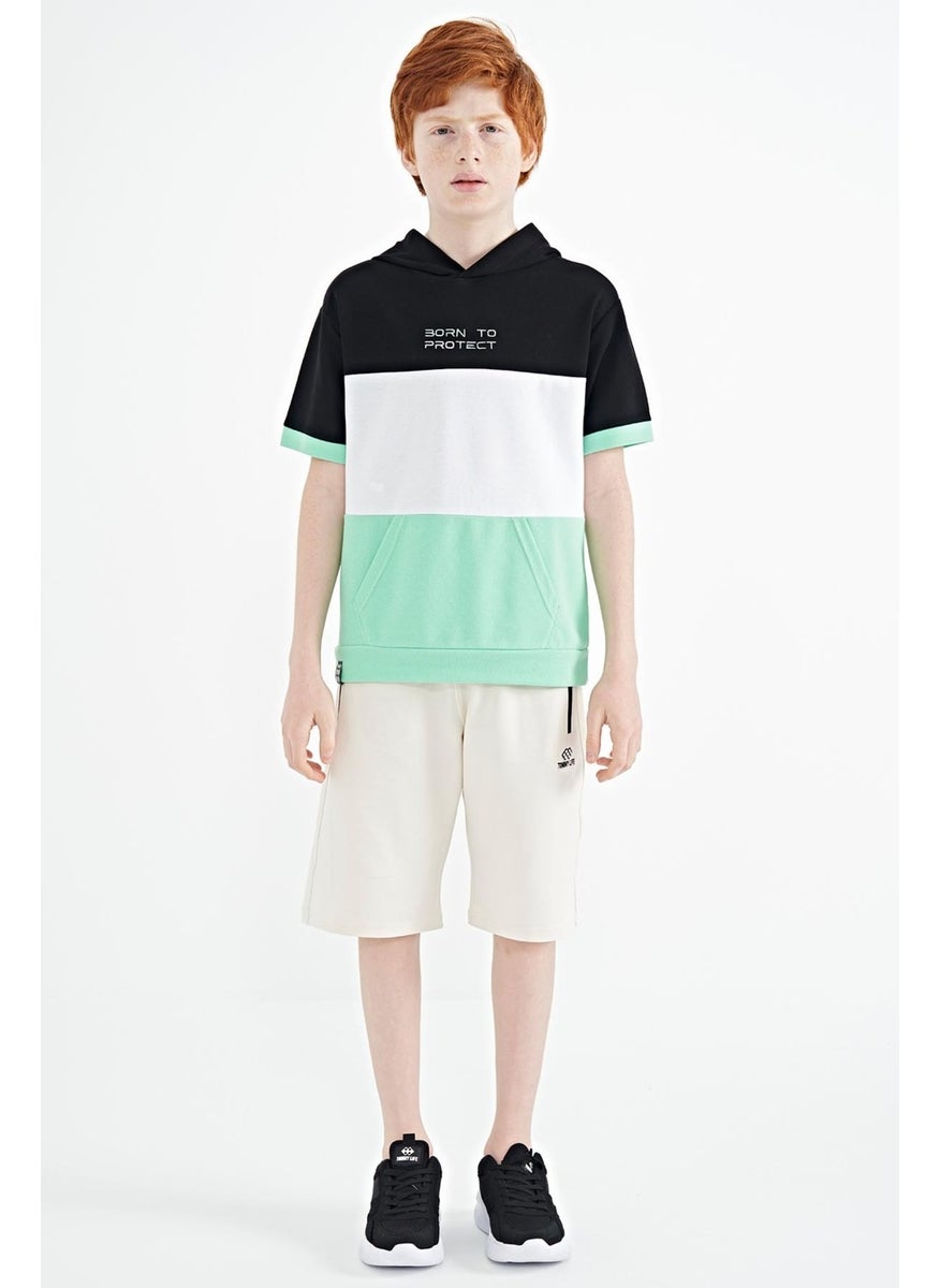 Aqua Green Color Block Kangaroo Pocket Hooded Oversize Boy T-Shirt - 11150