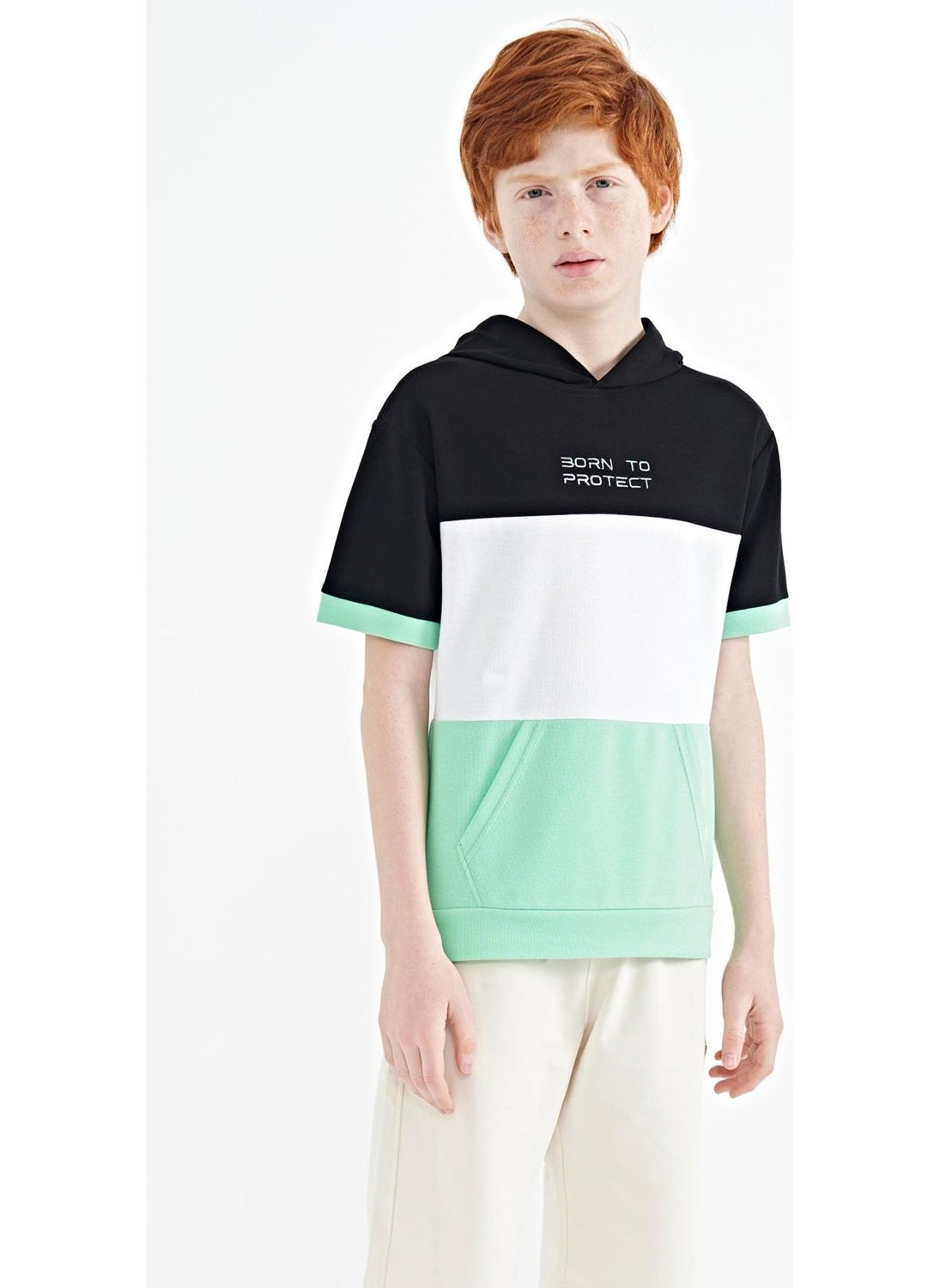 Aqua Green Color Block Kangaroo Pocket Hooded Oversize Boy T-Shirt - 11150