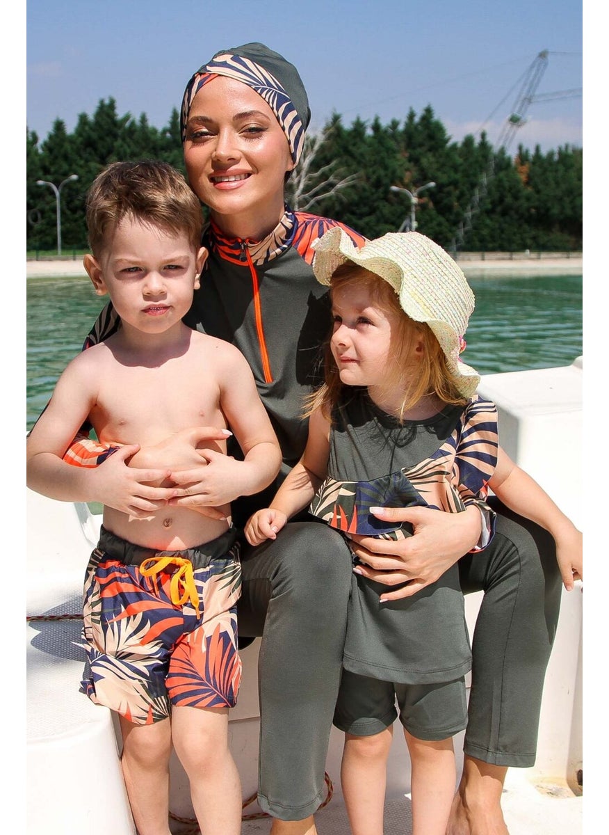 Boys Khaki Leaf Patterned Design Kids Shorts B2201