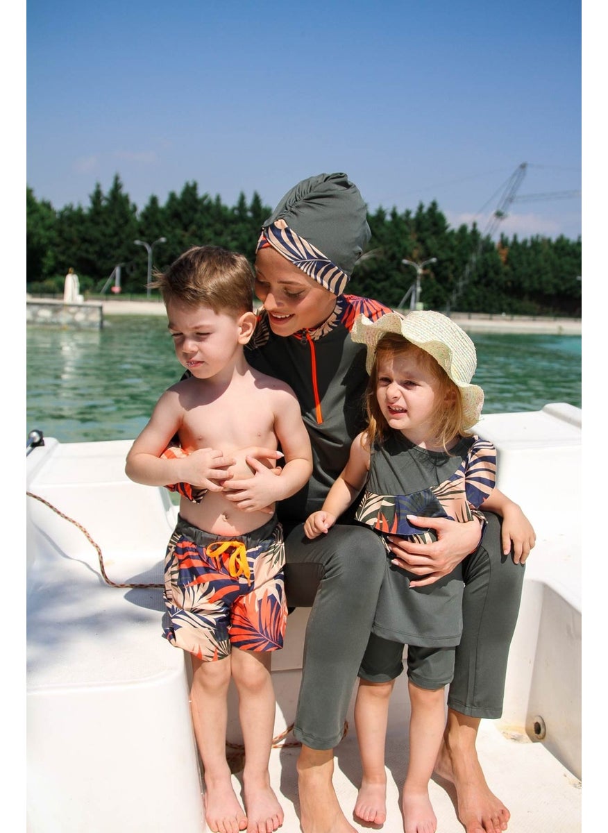 Boys Khaki Leaf Patterned Design Kids Shorts B2201