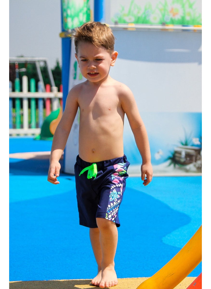 Boys Navy Blue Pattern Detailed Design Kids Shorts B2202