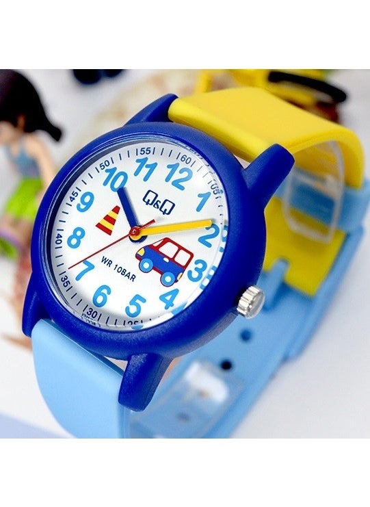 QCG4910 Blue Car Patterned Waterproof Numeral Boy Wristwatch
