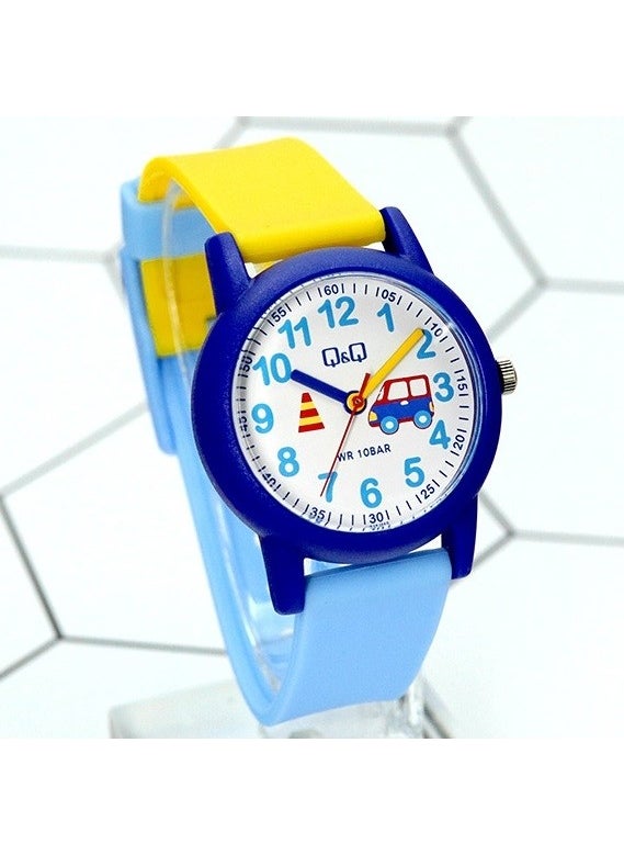 QCG4910 Blue Car Patterned Waterproof Numeral Boy Wristwatch