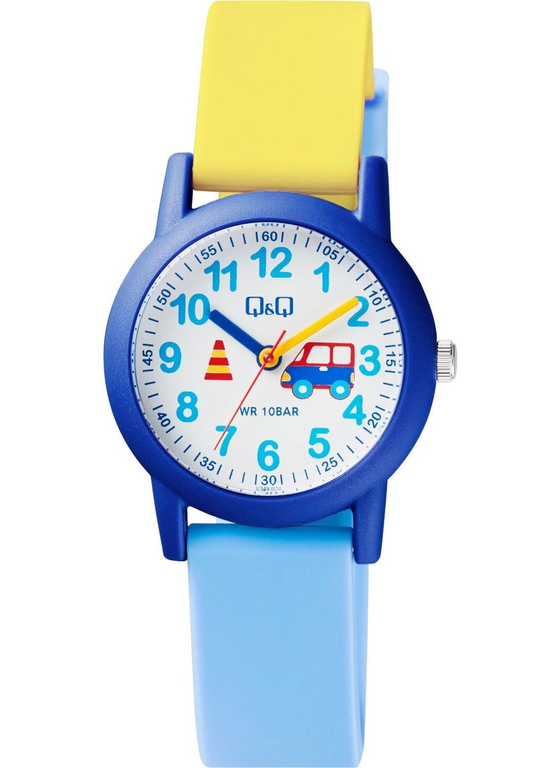 QCG4910 Blue Car Patterned Waterproof Numeral Boy Wristwatch