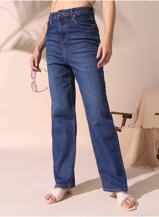 Women indigo relaxed fit solid 98% cotton 2% spandex jeans with button & zip closure- a fresh take on timeless style.