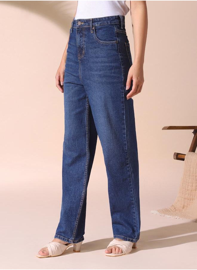 Women indigo relaxed fit solid 98% cotton 2% spandex jeans with button & zip closure- a fresh take on timeless style.