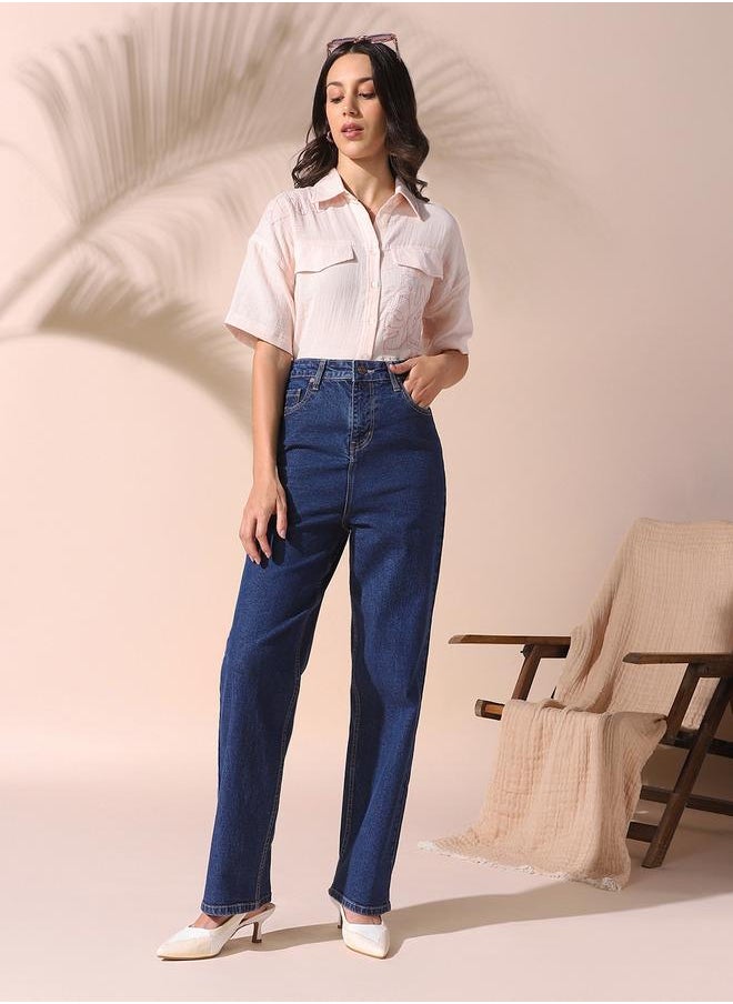 Women indigo straight fit solid 98% cotton 2% spandex jeans with button & zip closure- perfect for making bold moves.
