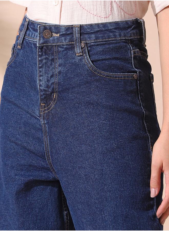 Women indigo straight fit solid 98% cotton 2% spandex jeans with button & zip closure- perfect for making bold moves.