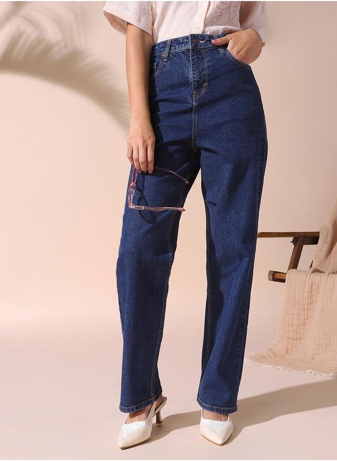 Women indigo straight fit solid 98% cotton 2% spandex jeans with button & zip closure- perfect for making bold moves.