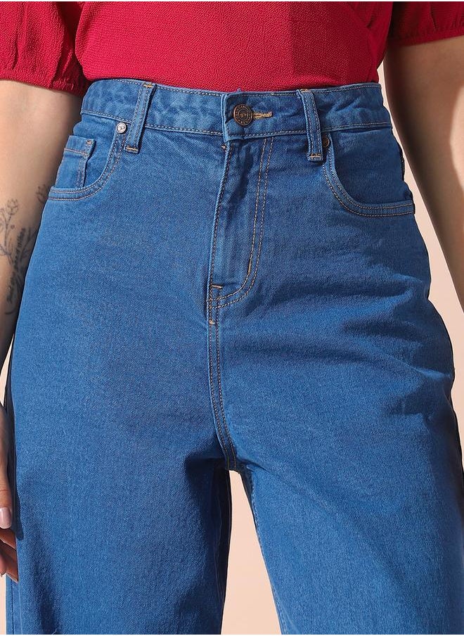 Women indigo relaxed fit solid 98% cotton 2% spandex jeans with button & zip closure- where comfort meets classic charm.