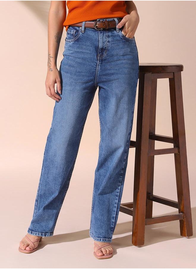 Women indigo relaxed fit solid 98% cotton 2% spandex jeans with button & zip closure- tailored to elevate your everyday.