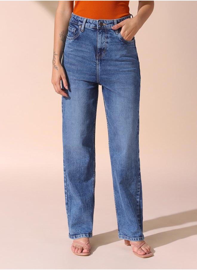 Women indigo relaxed fit solid 98% cotton 2% spandex jeans with button & zip closure- tailored to elevate your everyday.
