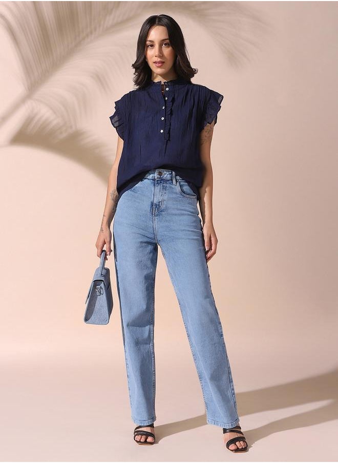 Women indigo straight fit solid 98% cotton 2% spandex jeans with button & zip closure- your next go-to for effortless flair.