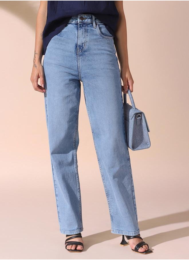Women indigo straight fit solid 98% cotton 2% spandex jeans with button & zip closure- your next go-to for effortless flair.