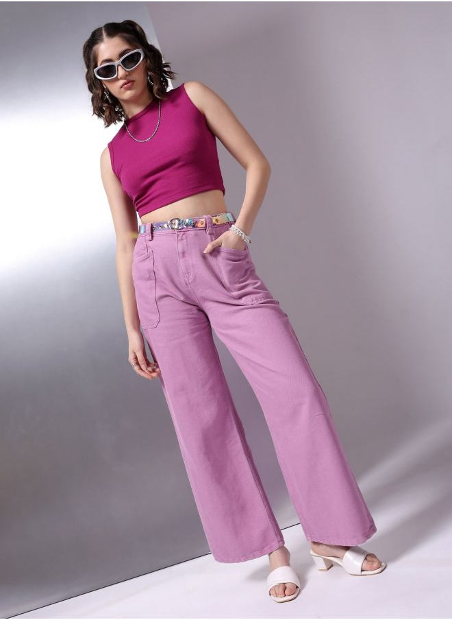 Women Loose Fit Solid High-Rise Overdyed Denim