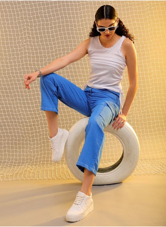 Women Flared Solid High-Rise Cargo Jeans