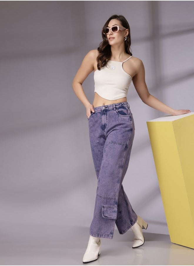 Women Relaxed Fit Solid High-Rise Denim Cargos