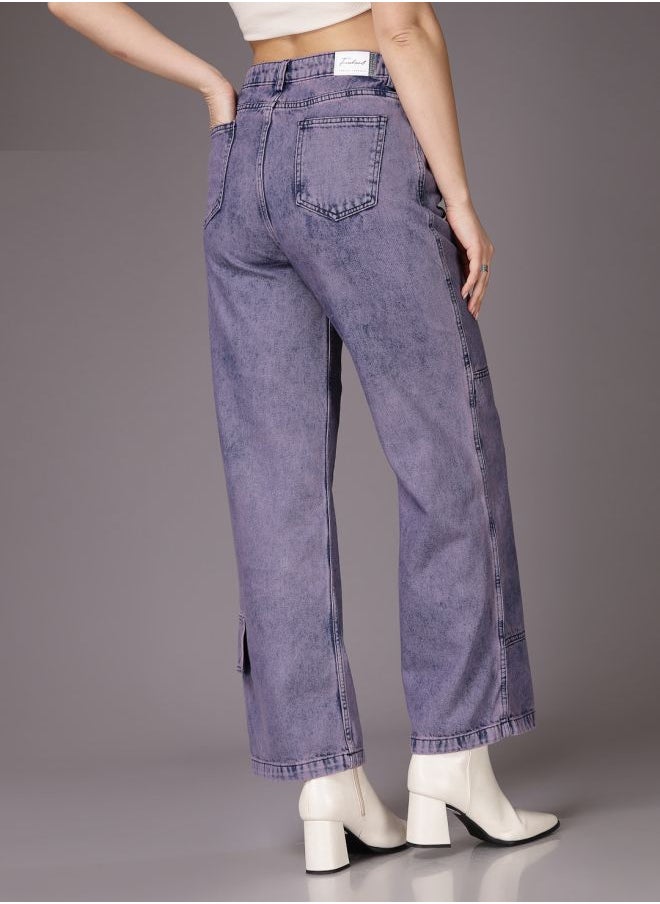 Women Relaxed Fit Solid High-Rise Denim Cargos