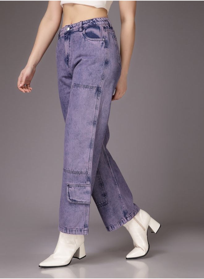 Women Relaxed Fit Solid High-Rise Denim Cargos