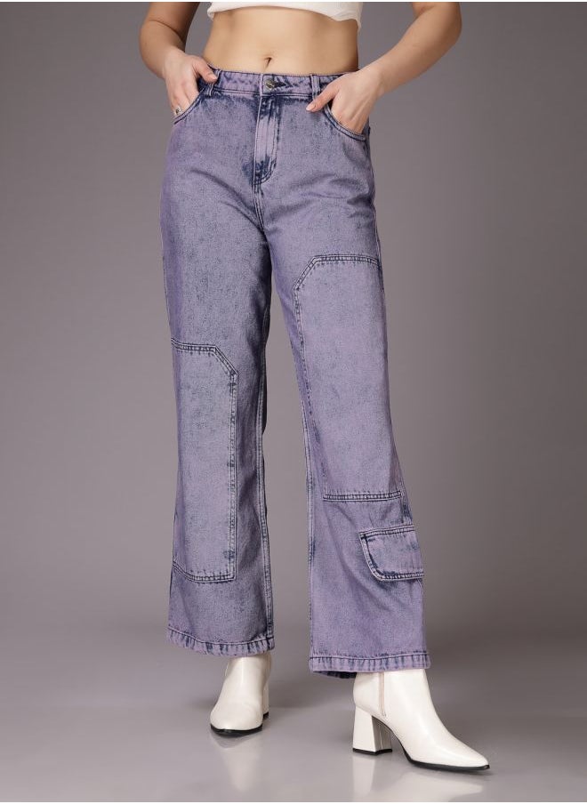 Women Relaxed Fit Solid High-Rise Denim Cargos