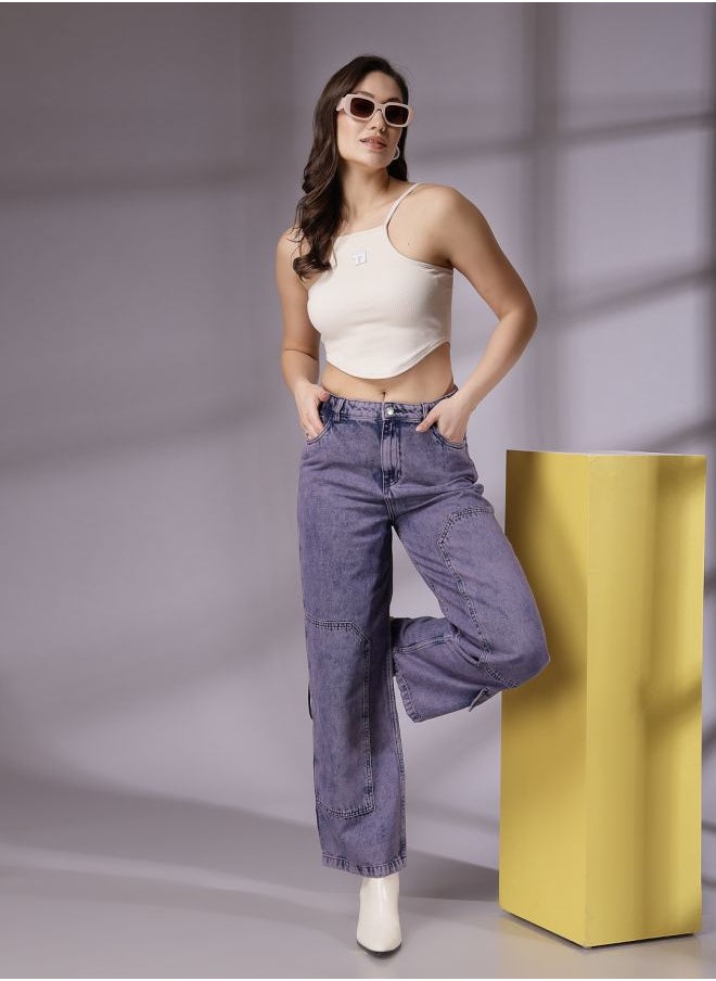 Women Relaxed Fit Solid High-Rise Denim Cargos