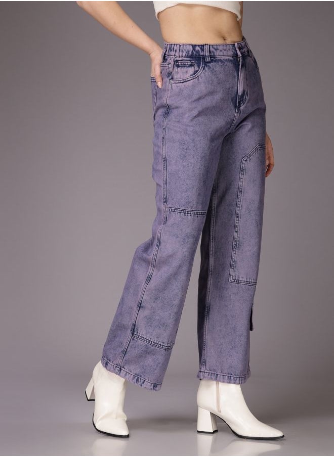 Women Relaxed Fit Solid High-Rise Denim Cargos