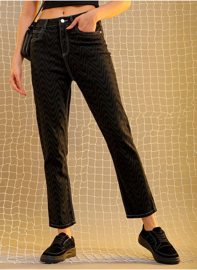 Women Straight Fit Laser Print High-Rise Jeans