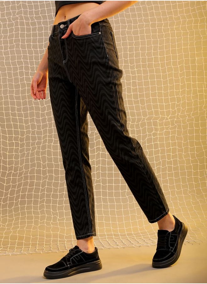 Women Straight Fit Laser Print High-Rise Jeans