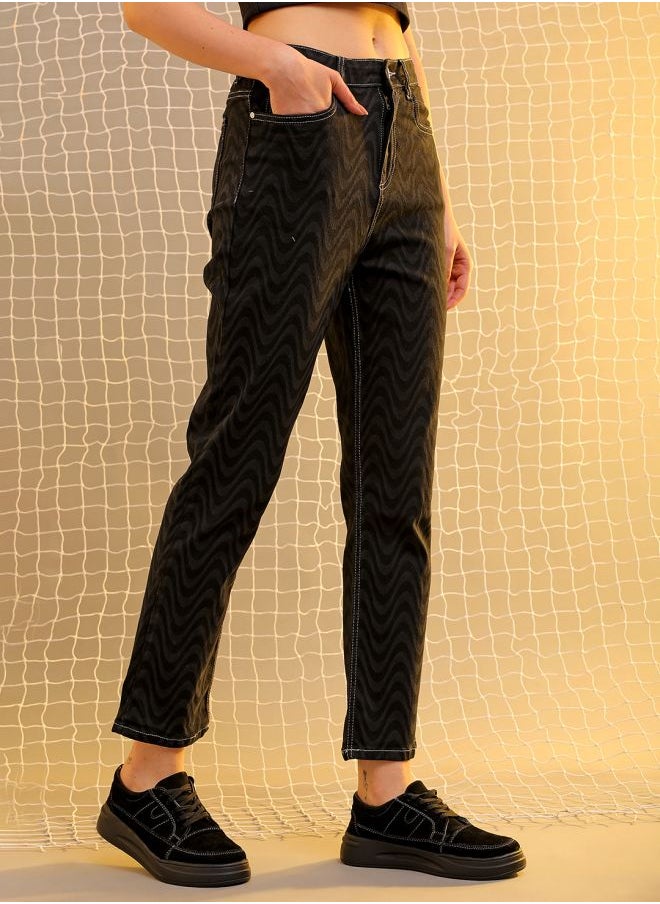 Women Straight Fit Laser Print High-Rise Jeans
